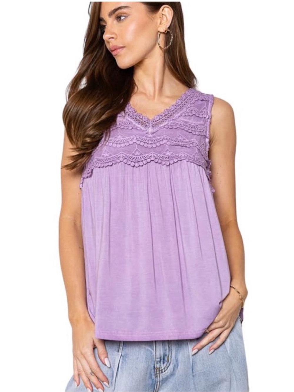 New: POL Lavender Crochet Lace Layer Neckline Flowing Boho Tank Top• Medium
